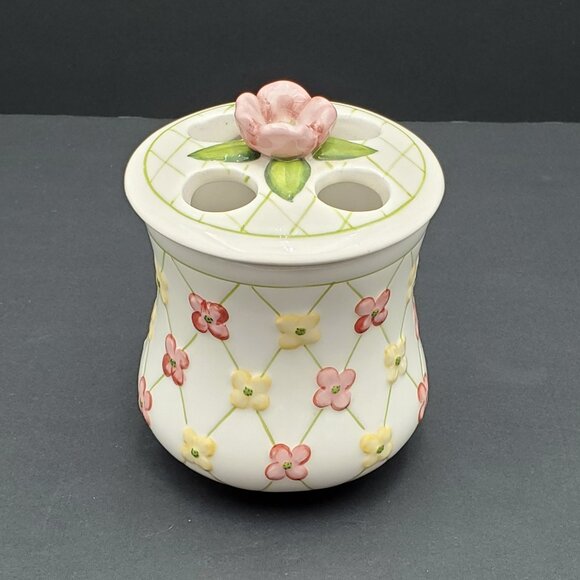 Longaberger Dogwood Toothbrush Holder Pink Yellow Lattice Toothbrush Caddy - Picture 7 of 7